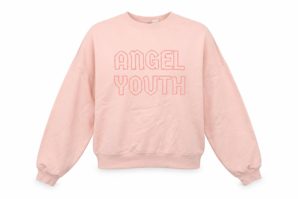 Front view of H&M women’s pink cotton pullover sweatshirt, size XS, - 'angel youth'