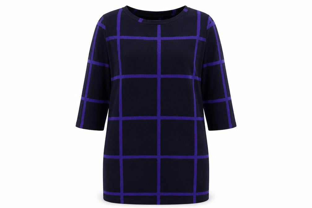 Front view of Nutmeg women’s blue round neck striped polyester jumper, size UK 16