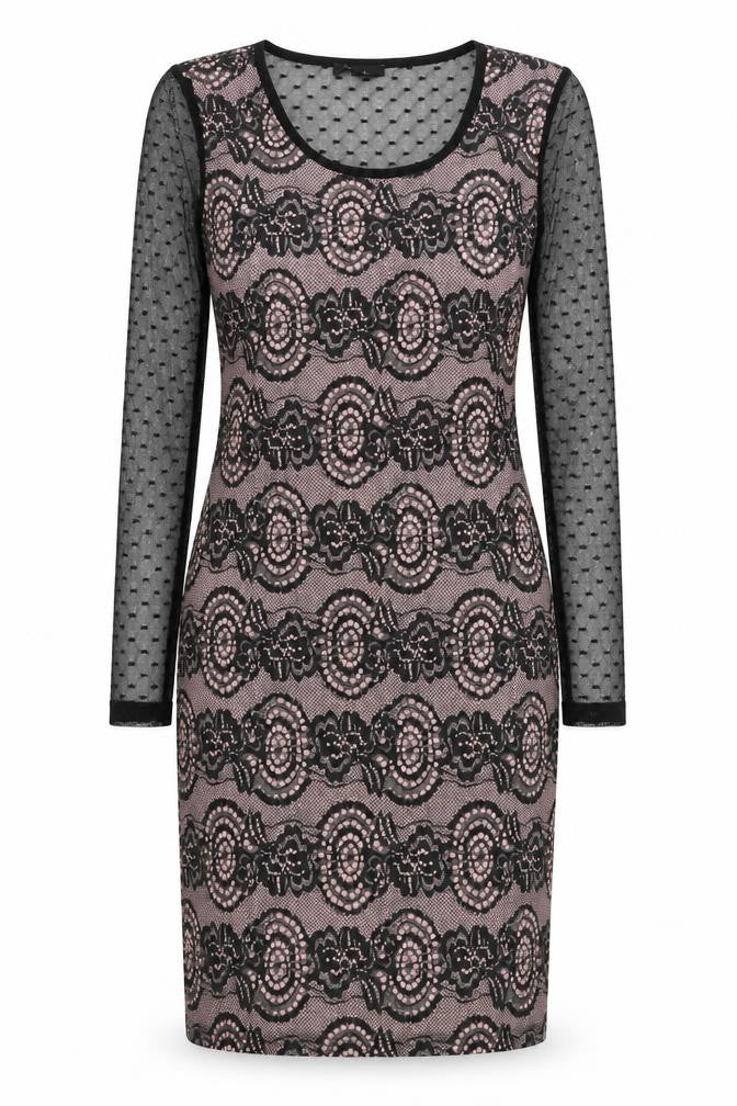 Yest Womens Black Geometric Polyester Pencil Dress  Size 8  Round Neck Pullover - Mesh sleeves