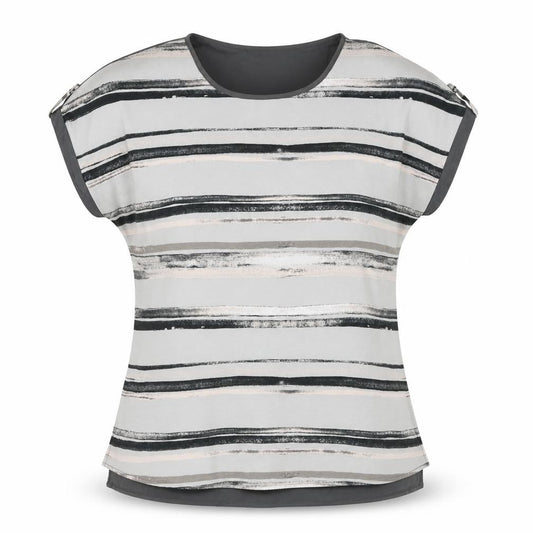 Front view of Viz A Viz women’s grey striped polyester basic blouse, size UK 12, round neck - floaty
