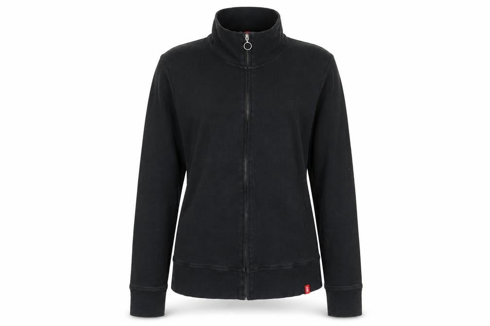 Front view of EDC women’s black 100% cotton full zip sweatshirt, size L, zip