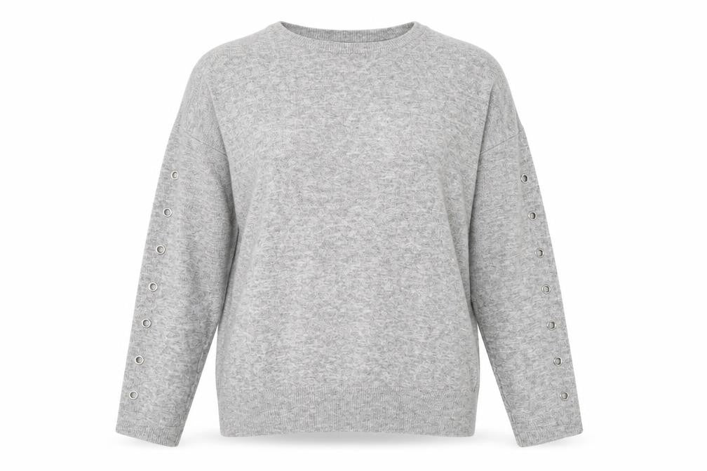 Front view of F&F women’s grey round neck viscose jumper, size UK 8