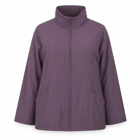 Front view of EWM women’s purple jacket coat, size UK 16, zip