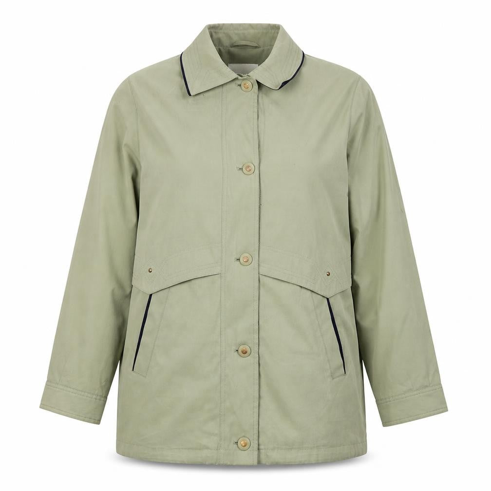 Front view of Holmewood women’s green trench coat coat, size UK 14, button