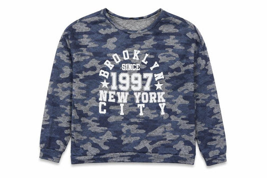 Front view of New Look girls’ blue camouflage polyester basic casual, size 14-15, years round neck pullover - brooklyn 1997