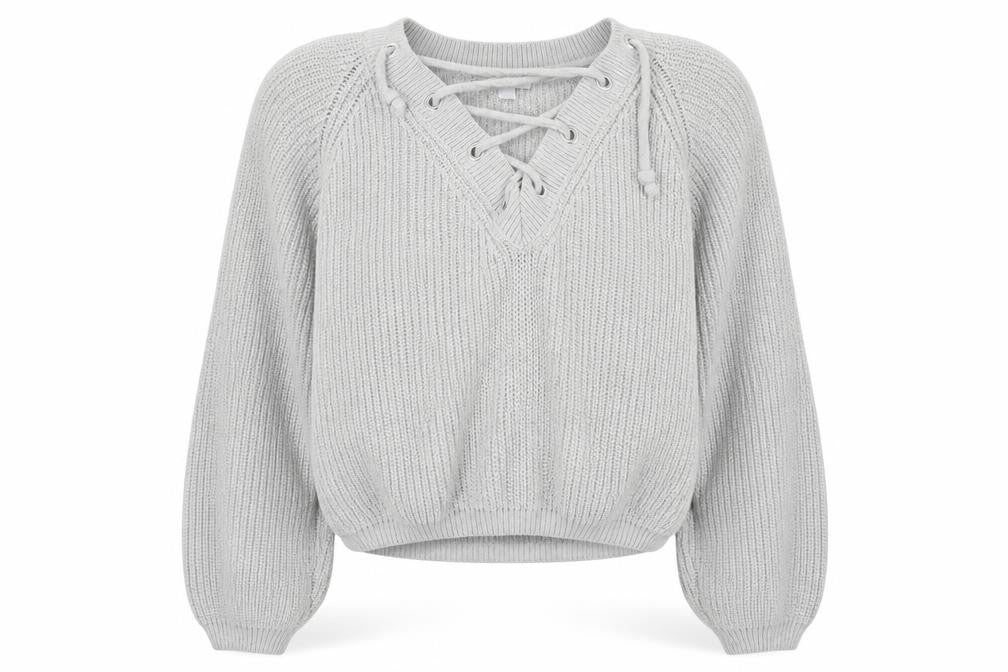 Front view of Subdued women’s grey v-neck cotton jumper, size S, - tie up neck