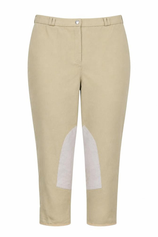 Front view of Caldene women’s beige polyester cropped trousers, size UK 32, in, 24-inch leg regular hook & eye - horse riding