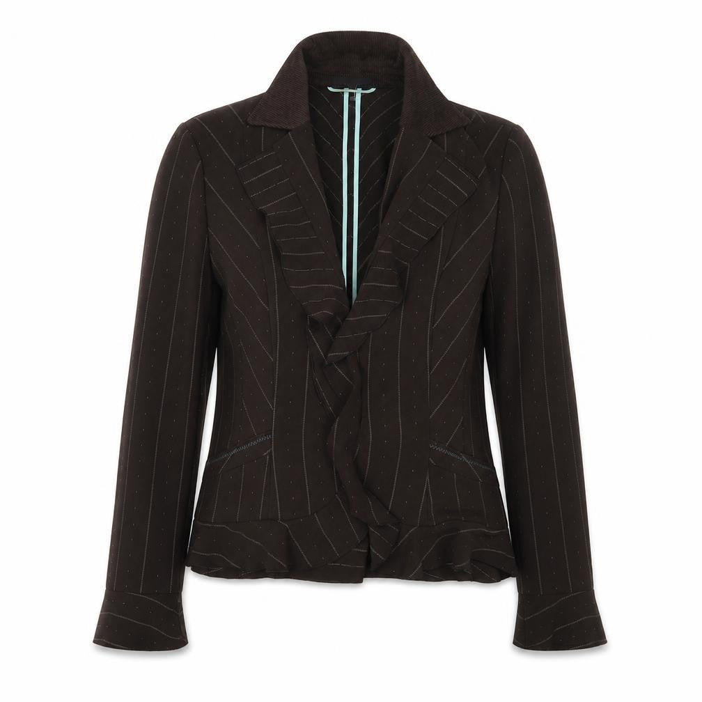 Front view of Hucke women’s brown striped jacket, size UK 12, hook & eye