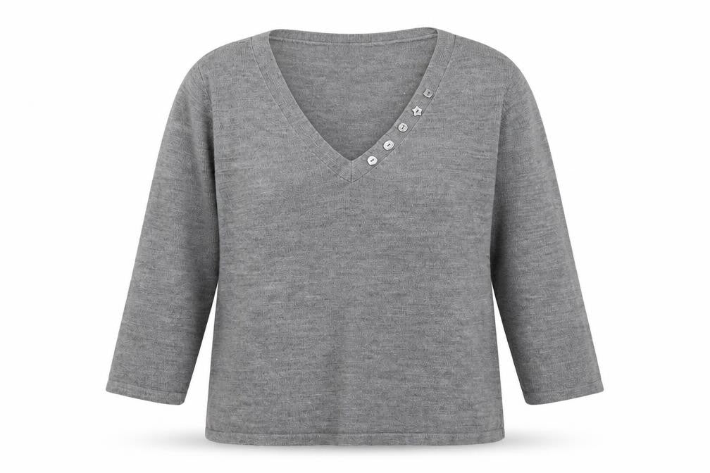 Front view of BHS women’s grey v-neck acrylic jumper, size UK 16