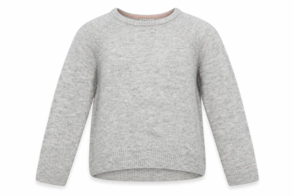 Front view of H&M girls’ grey crew neck acrylic jumper, size 10-11, years