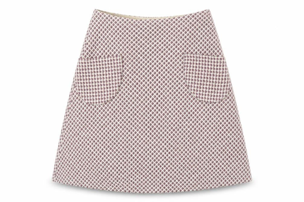 Front view of Emanuela women’s red geometric wool a-line set, size UK 12, zip