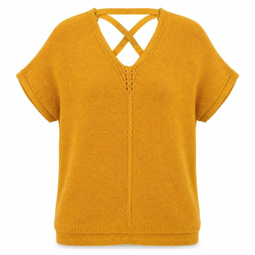 Front view of F&F women’s yellow v-neck acrylic jumper, size UK 14