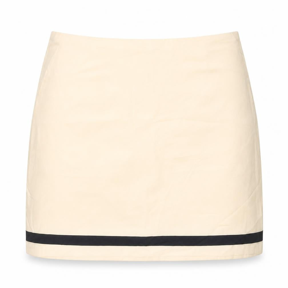 Front view of Preworn women’s beige striped polyester mini skirt, size UK 29, in zip