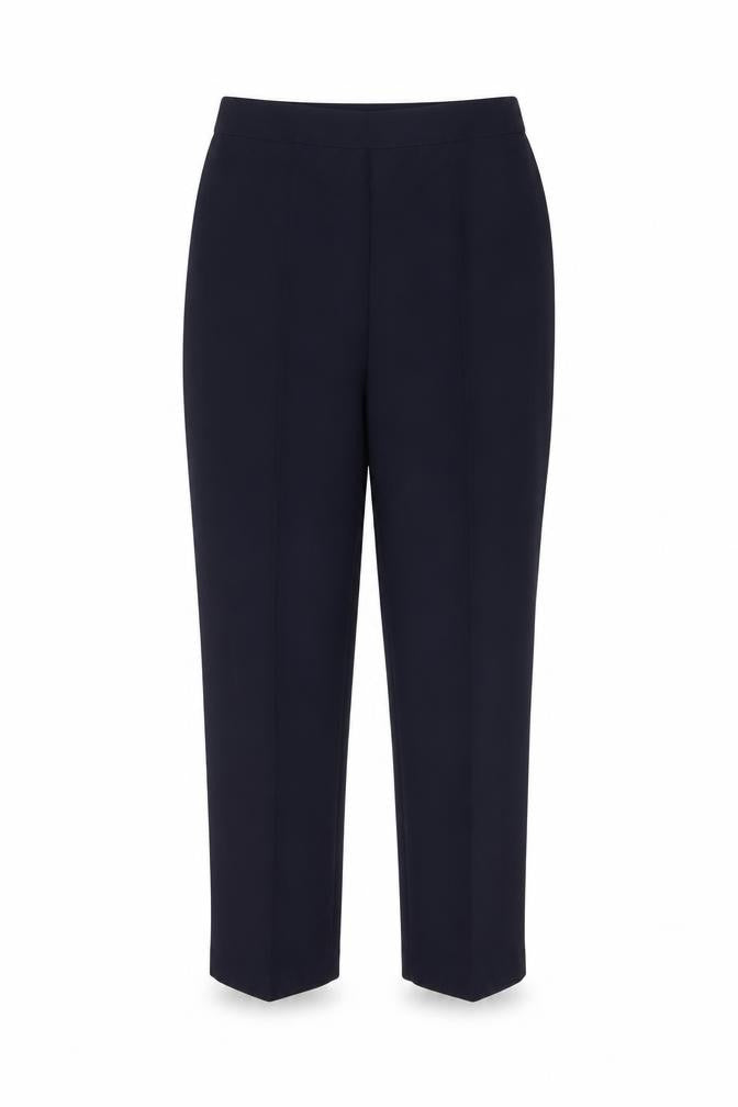 Front view of Preworn women’s blue polyester trousers, size UK 14, 24-inch leg regular
