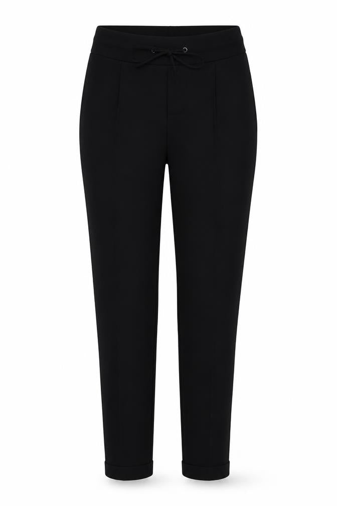 Front view of Marks & Spencer women’s black polyester trousers, size UK 14, 27-inch leg regular button