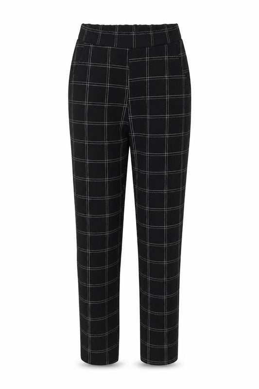 Front view of PRETTYLITTLETHING women’s black plaid polyester trousers, size UK 4, 26-inch leg regular