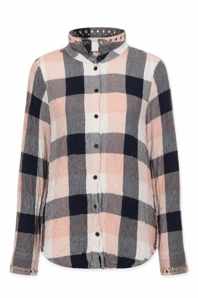 Front view of H&M women’s multicoloured plaid viscose jersey button-up, size UK 8, collared