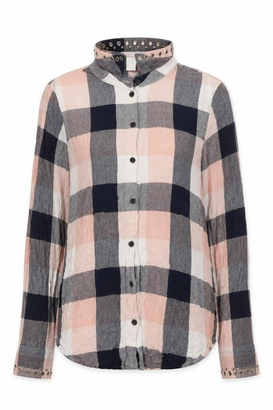 Front view of H&M women’s multicoloured plaid viscose jersey button-up, size UK 8, collared