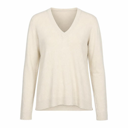 Front view of Next women’s beige v-neck acrylic jumper, size UK 12