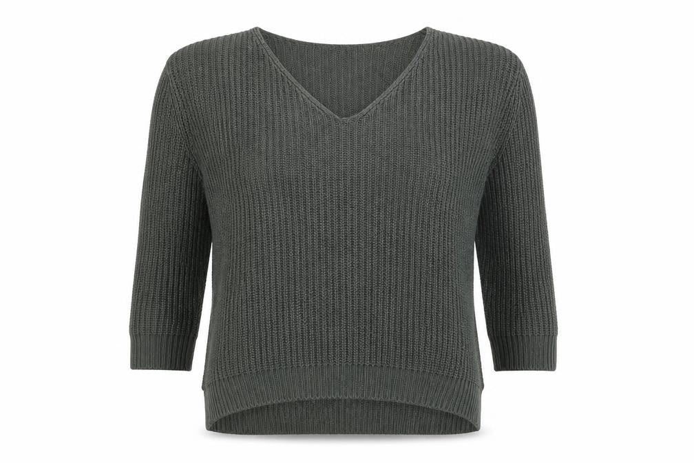 Front view of Primark women’s green v-neck acrylic jumper, size S
