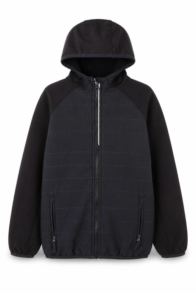 Front view of Crane boys’ black jacket coat, size 9-10, years zip