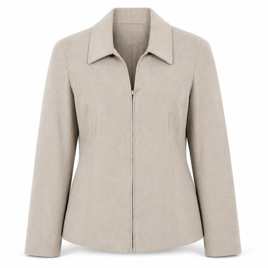 Front view of Mia Moda women’s beige jacket, size UK 12, zip
