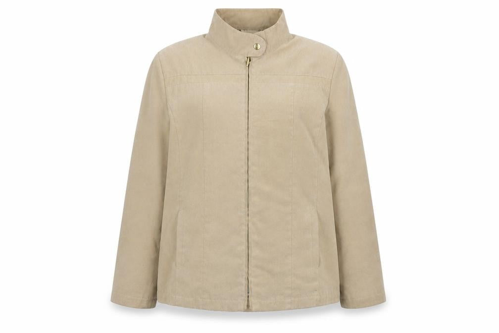 Front view of EWM women’s beige jacket coat, size UK 16, zip
