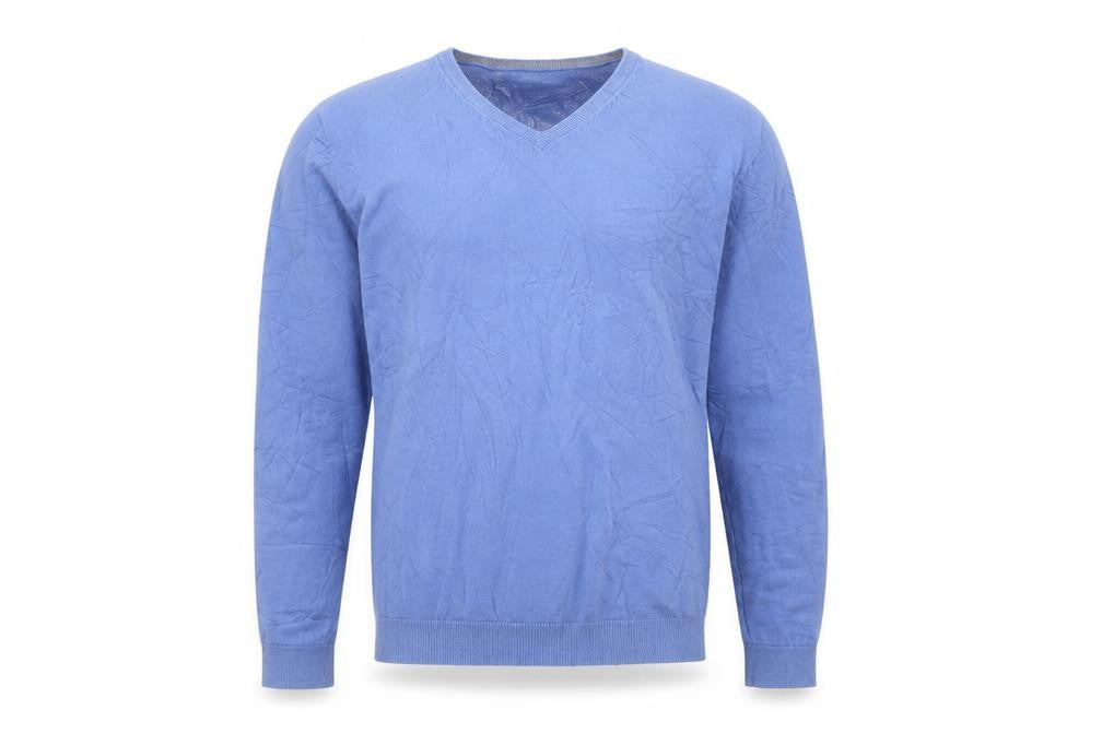 Front view of Gap men’s blue v-neck cotton jumper, size L