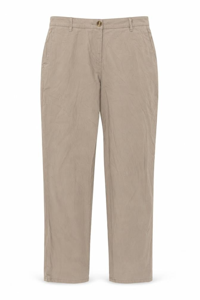 Front view of Buffalo women’s beige cotton trousers, size UK 12, 30-inch leg regular button