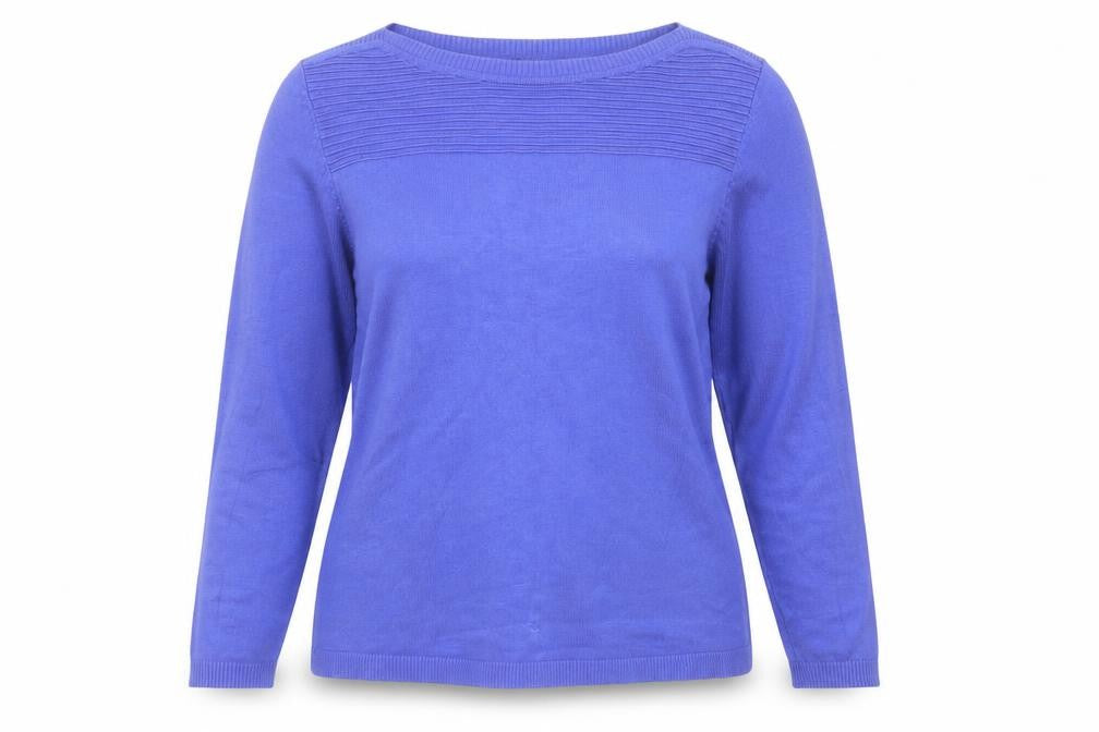 Front view of Bonmarché women’s purple round neck viscose jumper, size UK 12
