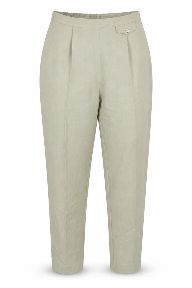 Front view of Berkertex women’s green polyester trousers, size UK 16, 26-inch leg regular