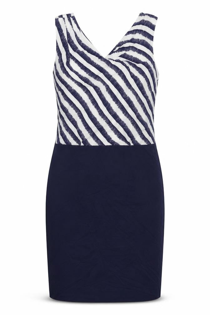 Front view of Warehouse women’s blue striped viscose shift, size UK 10, v-neck zip