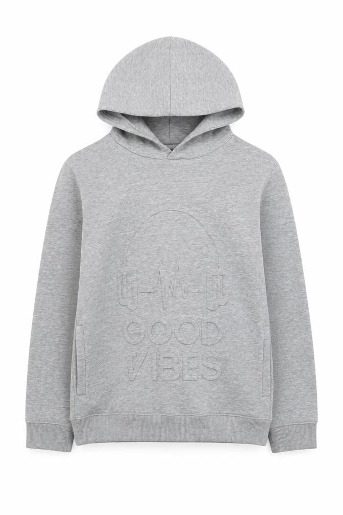 Front view of Bluezoo boys’ grey cotton pullover hoodie, size 11-12, years - raised 'good vibes'