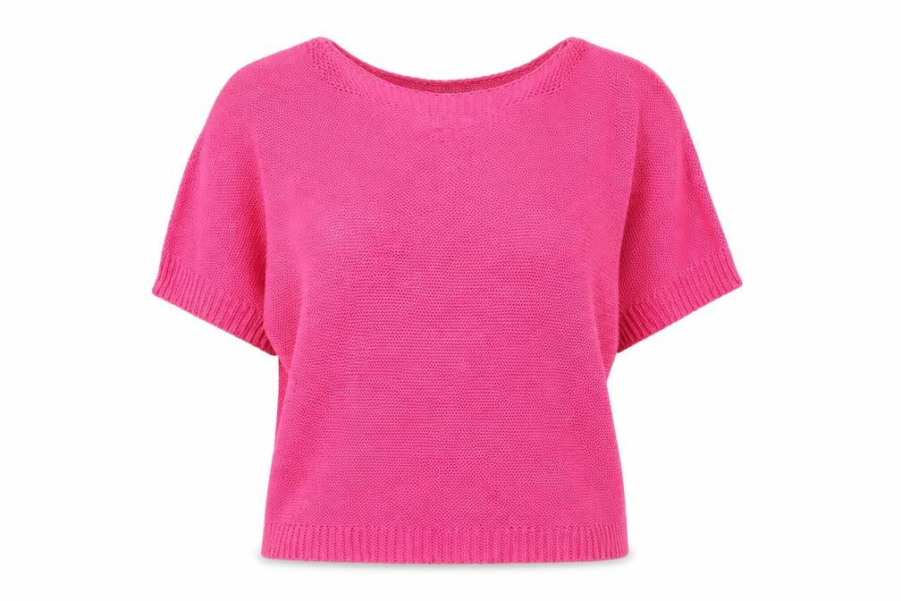 Front view of Isabella D women’s pink acrylic basic blouse, size L, round neck