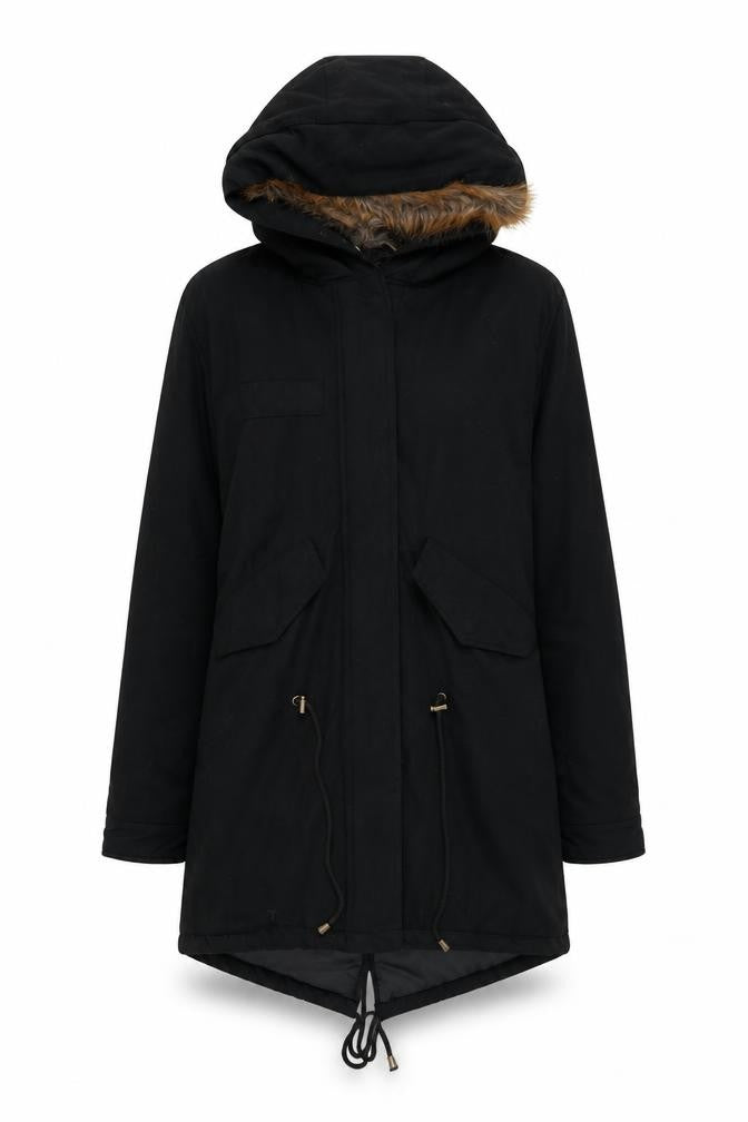 Front view of Boohoo women’s black parka coat, size UK 8, zip
