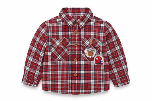 Front view of Nanette boys’ red check cotton basic button-up, size 18-24, months collared button