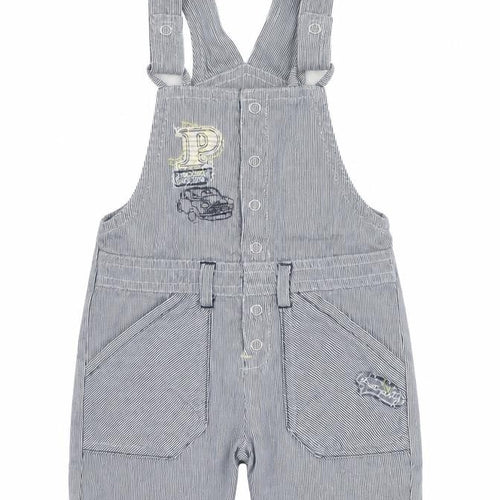 Preworn Boys Blue Striped Cotton Dungaree One-Piece Size 12 Months  Button