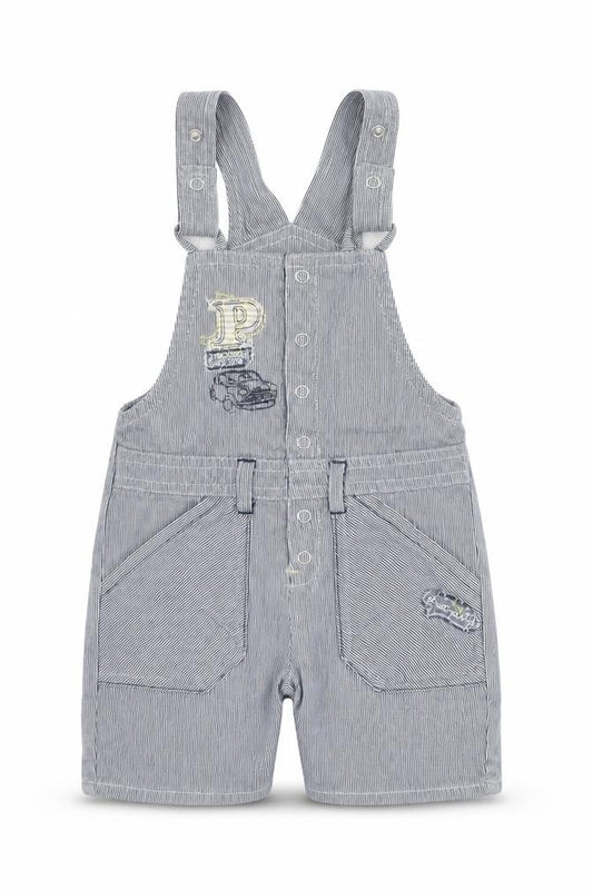 Preworn Boys Blue Striped Cotton Dungaree One-Piece Size 12 Months  Button