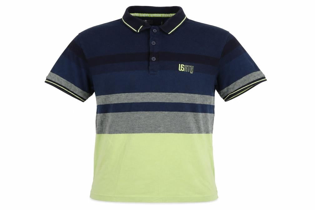 Front view of Usath men’s blue striped cotton polo, size L, collared button