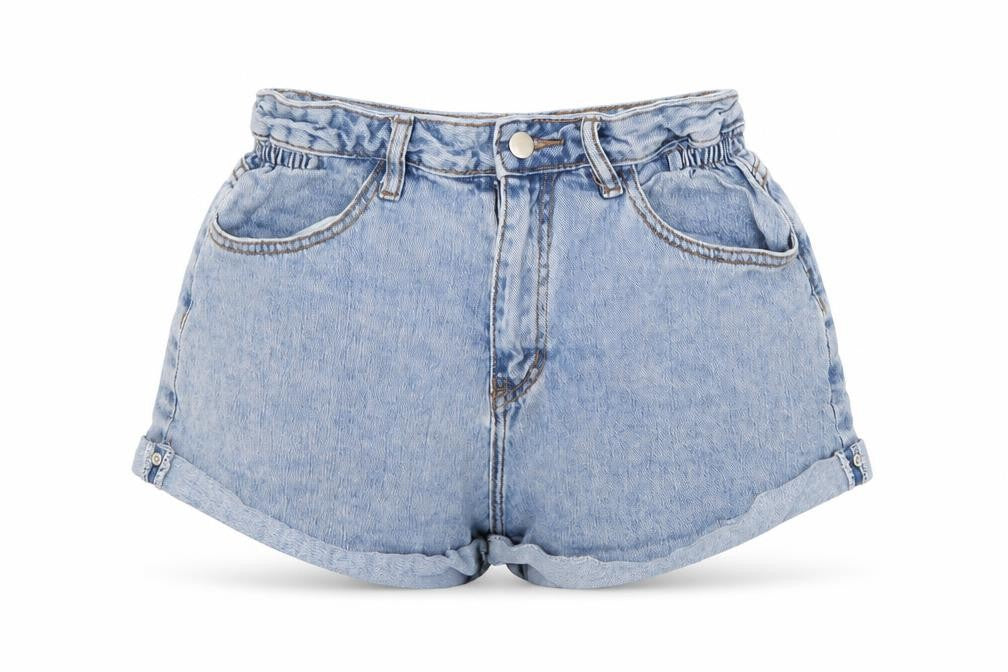 Front view of SHEIN women’s blue cotton hot pants shorts, size M, regular button