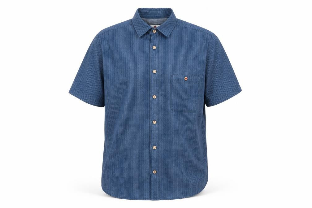 Front view of One Valley men’s blue geometric cotton button-up, size M, collared button