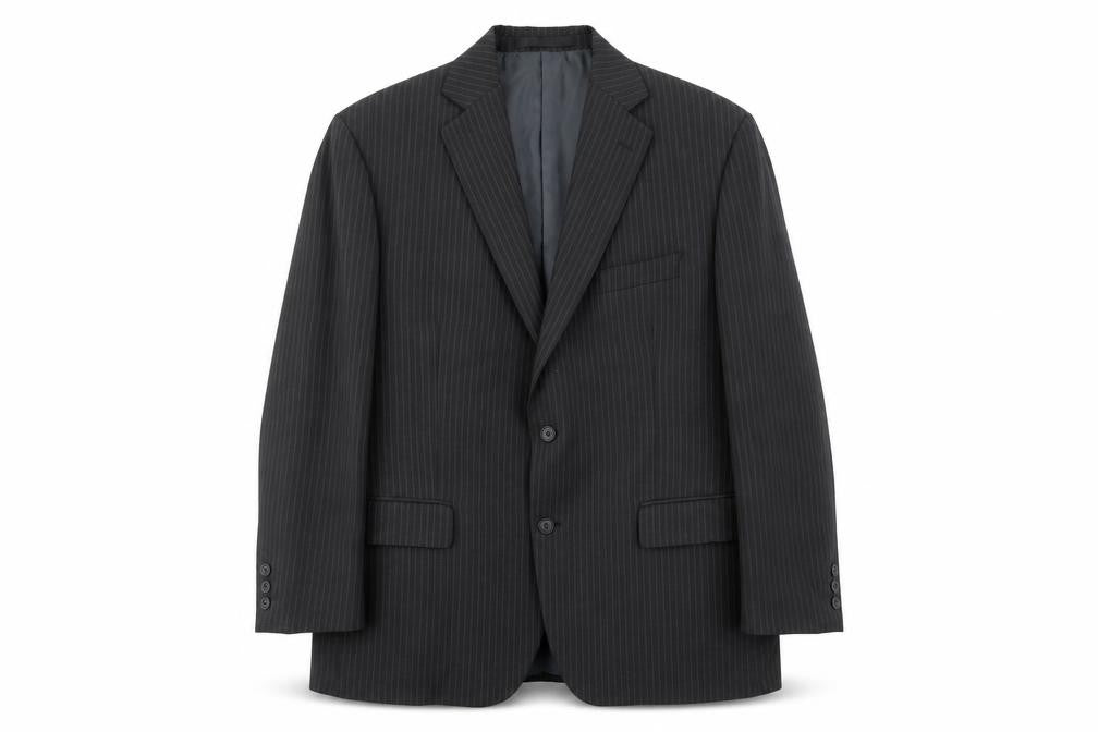 Front view of Impressions men’s grey striped jacket blazer, size L, button