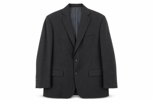 Front view of Impressions men’s grey striped jacket blazer, size L, button