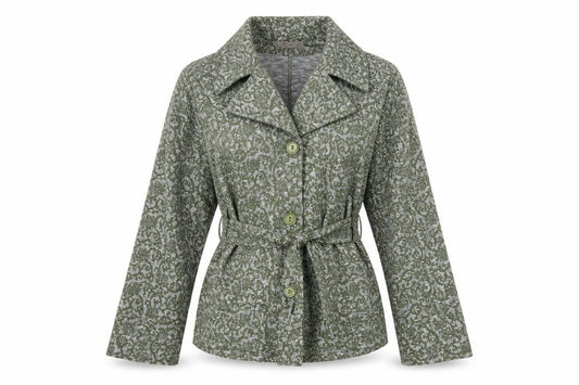 Front view of Kekoo women’s green paisley jacket blazer, size M, button