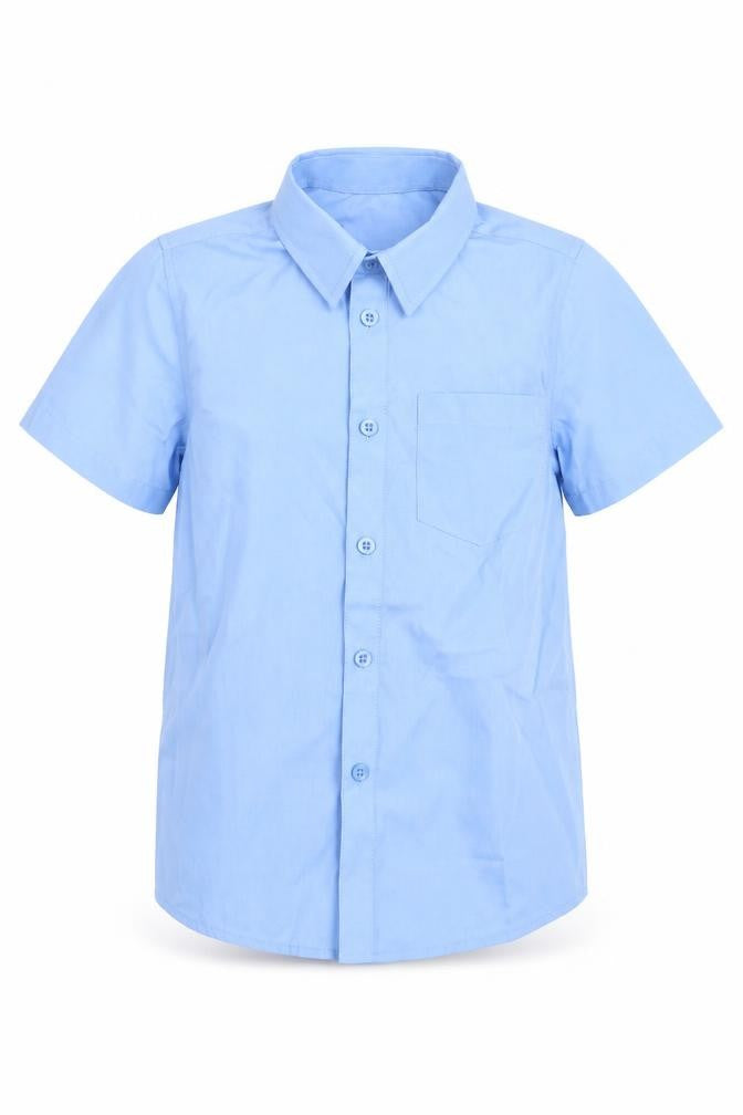 Front view of Tu boys’ blue polyester basic button-up, size 7, years collared button