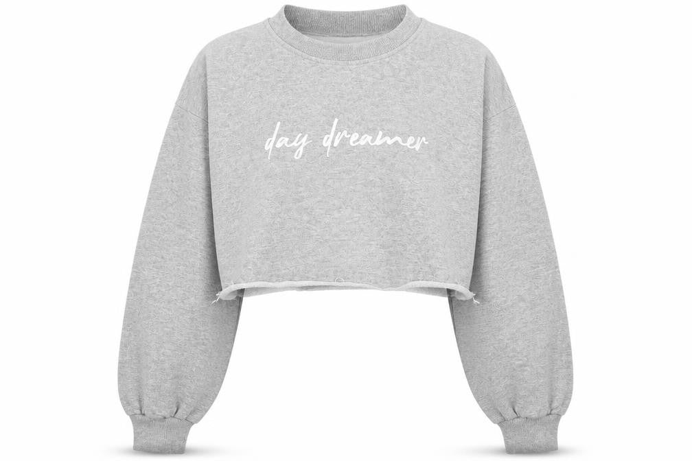 Front view of women’s grey cotton pullover sweatshirt, size M, - 'day dreamer'