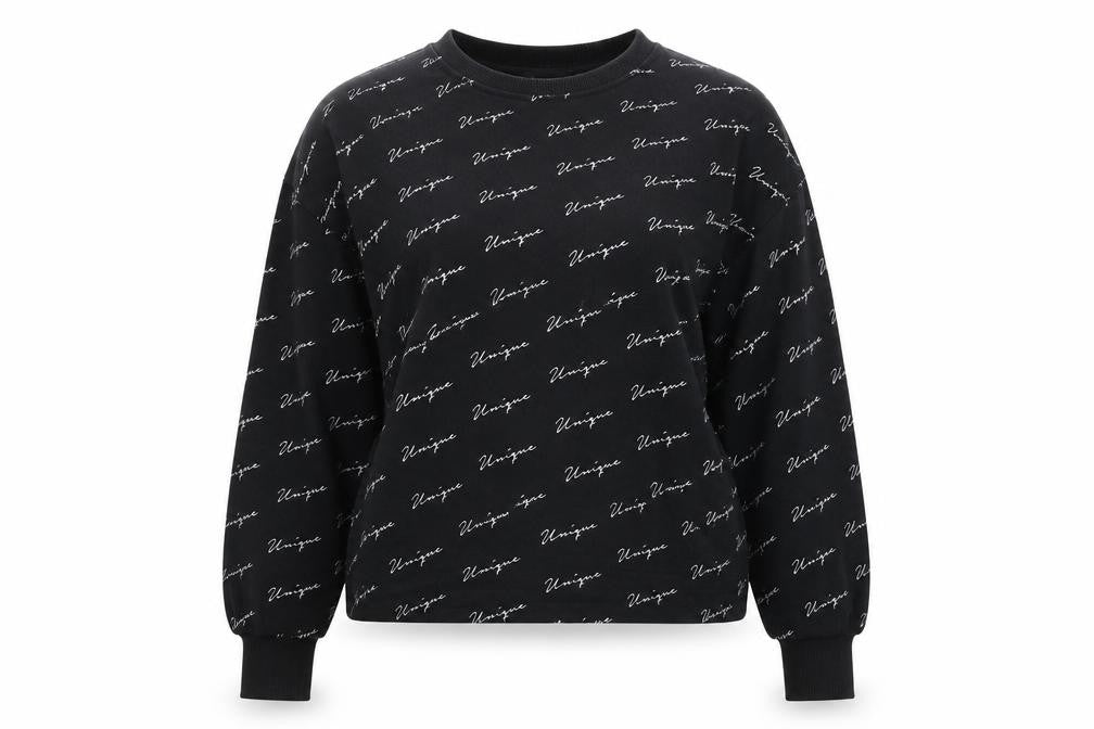 Front view of New Look women’s black geometric cotton pullover sweatshirt, size S, - 'unique'