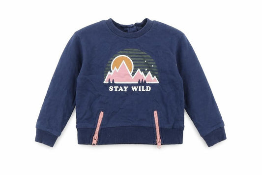 Front view of Very girls’ blue cotton jumper, size 12-18, months button - 'stay wild'