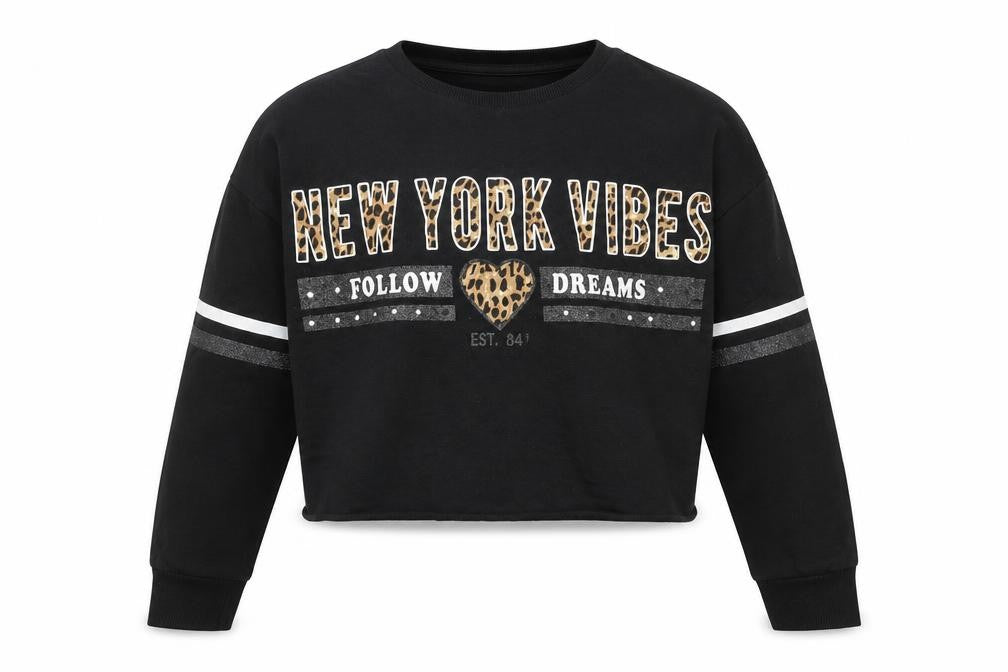 Front view of Primark girls’ black cotton pullover sweatshirt, size 11, years