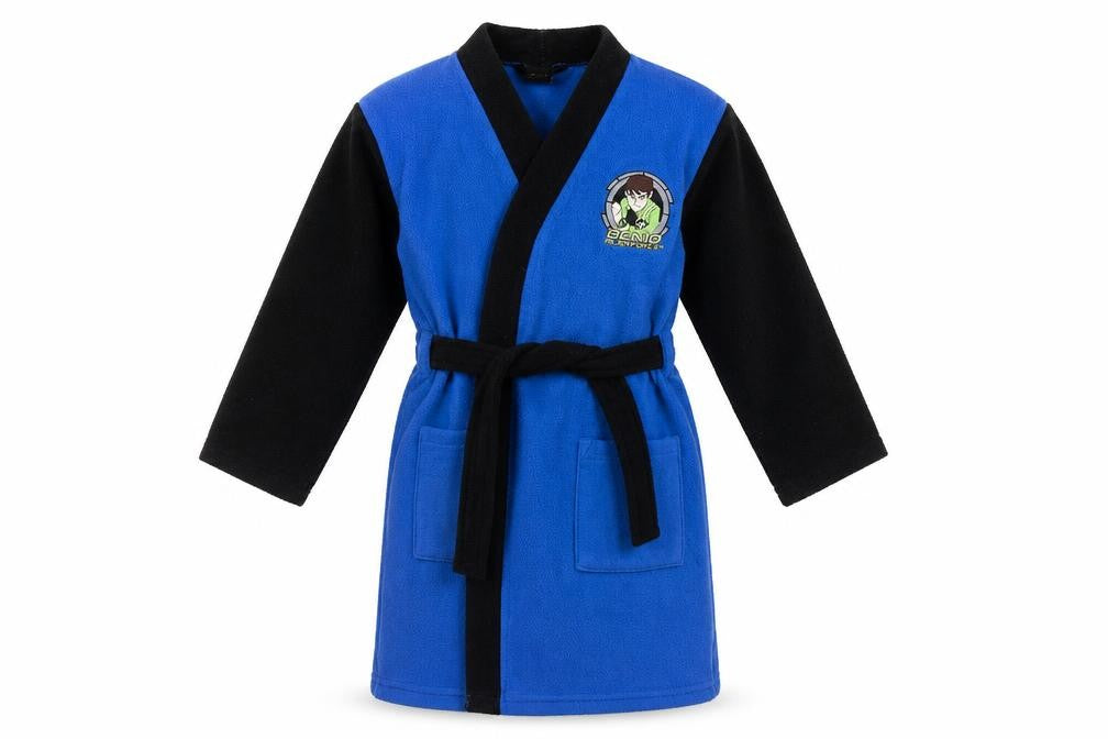 Front view of Cartoon Network boys’ blue solid polyester robe, size 7-8, years tie - ben10